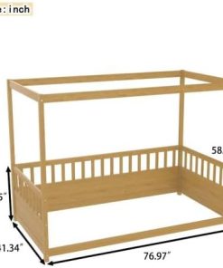Montessori Twin Size Pine Floor Bed Frame with Canopy Design 2