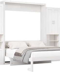 Queen Murphy Bed with Cabinet Solid Wood Frame for All Ages with USB 2
