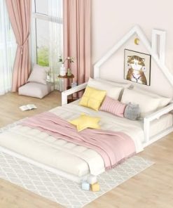 Harper Bright Full Size Kids Floor Bed with House-Shaped Headboard