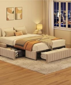Full Size Upholstered Bed Frame with 3 Drawers and Wood Slats 2