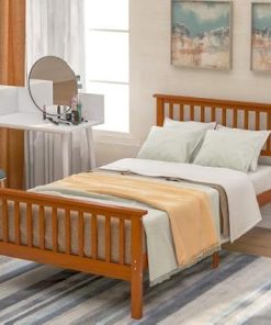 Twin Heavy Duty Wood Bed Frame 300lb Platform with Headboard Oak 2