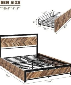 Queen Size Bed Frame with Storage Drawers and Rustic Wood Headboard 2