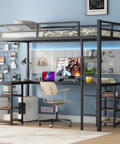 Twin XL Loft Bed Frame with Desk and Shelves, Black Metal Design 2
