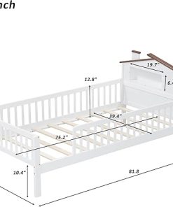 Wood Platform Bed with House-Shaped Headboard and Storage in White 2