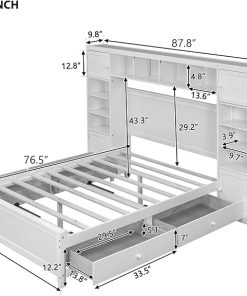 Full Bed Frame with 4 Storage Drawers, Wood Platform Bed, White 2