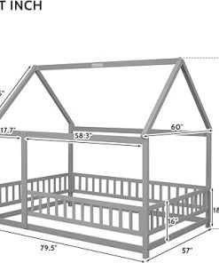 Montessori Full Size Floor Bed Frame for Kids with Fence in Grey 2