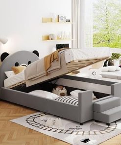 Twin Size Upholstered Daybed with Bear Headboard and Storage Features