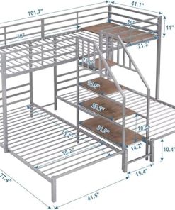 Metal L-Shaped Twin Triple Bunk Bed Frame with Staircase for Kids 2