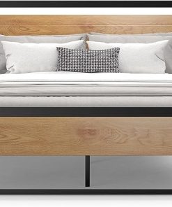 King Size Bed Frame Steel Platform with Wood Headboard and Footboard 2