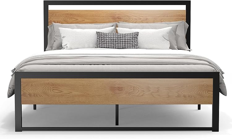 King Size Bed Frame Steel Platform with Wood Headboard and Footboard 2 King Size Bed Frame Steel Platform with Wood Headboard and Footboard - Image 2