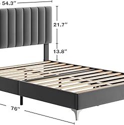 Adjustable Velvet Upholstered Full Size Bed Frame with Wooden Slats 2