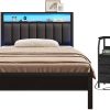 Furnulem Twin Bed Frame with Charging Station LED Lights Night Stand