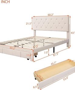 Queen Size Linen Upholstered Bed Frame with Storage Drawer 2