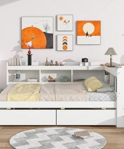 Full Size Bed with Storage Drawers and L-Shaped Bookcases in White 2