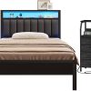 Furnulem Twin Bed Frame with Charging Station LED Lights and Night Stand