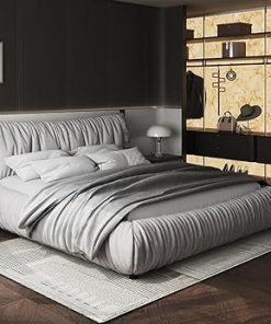 King Size Adjustable Luxpleat Bed Frame with Cushion Headboard Light Grey 2