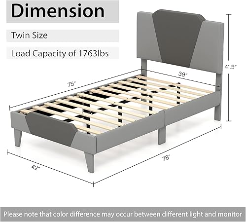 Giantex Twin Velvet Upholstered Bed Frame Modern Platform Grey 2 Giantex Twin Velvet Upholstered Bed Frame Modern Platform Grey - Image 2
