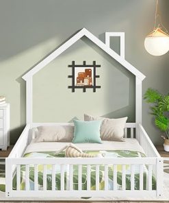 Montessori Full Size Floor Bed Frame with Guardrails and Headboard