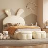 Princess Bed Frame for Girls, Twin Size Upholstered Platform Bed with Adjustable Cartoon Ears Headboard, Two Storage Stools, and LED Lights, Perfect for Kids’ Bedrooms, Beige