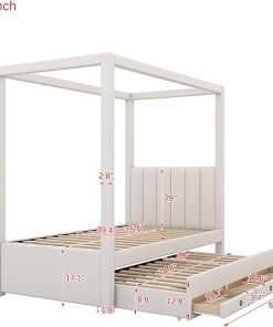 Twin Upholstered Canopy Platform Bed with Trundle and Storage Drawers 2