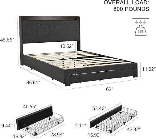 Queen Size Upholstered Bed Frame with Storage and Charging Station 2 Queen Size Upholstered Bed Frame with Storage and Charging Station - Image 2