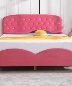 Pink Velvet Full Size Bed Frame with Headboard for Girls 2