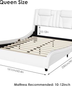 Keyluv Queen Upholstered Bed Frame with LED Headboard in White 2