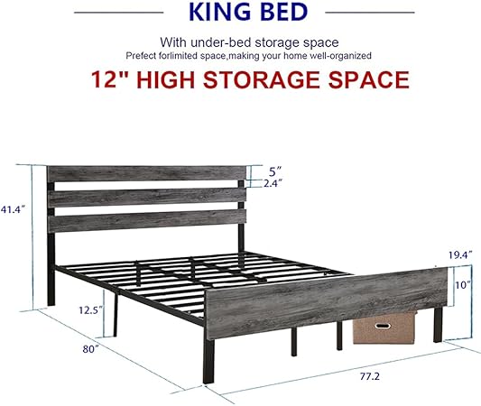 King Size Metal Platform Bed with Wooden Headboard Easy Assembly Black 2 King Size Metal Platform Bed with Wooden Headboard Easy Assembly Black - Image 2