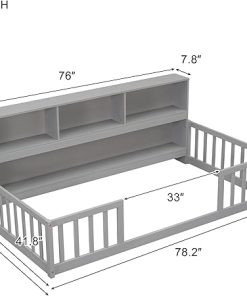 Grey Twin Floor Bed Frame with Storage Bookcase and Guardrails 2