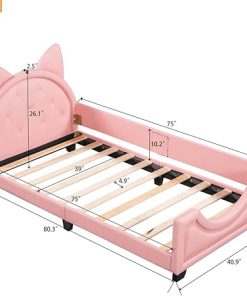 Cat Ears Twin Daybed Frame for Girls Boys Pink Upholstered Bed 2