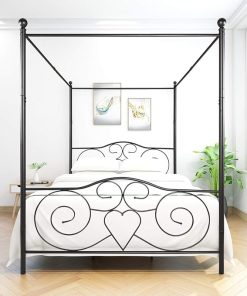 Vintage Style Queen Metal Canopy Bed Frame with Easy DIY Assembly
