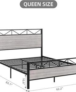 Queen Bed Frame with Rustic Wood Headboard Heavy Duty Metal Support 2