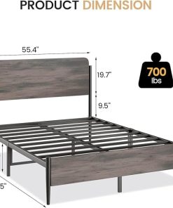 Queen Size Platform Bed Frame with Wooden Headboard and Metal Slats 2