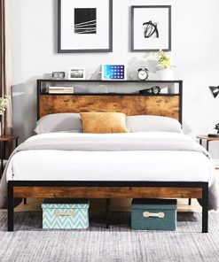 Queen Industrial Bed Frame with USB Ports and Storage Headboard