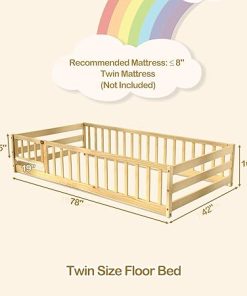 Twin Size Montessori Wood Floor Bed with Safety Guardrails and Door 2
