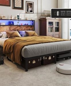 Full Size Bed Frame with Storage Headboard and LED Lights Vintage Brown