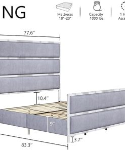 Velvet King Bed Frame with 59″ Tall Headboard and Footboard Light Grey 2