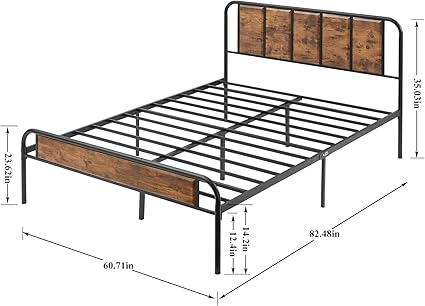 VECELO Queen Bed Frame Metal Platform with Wood Headboard Brown 2 VECELO Queen Bed Frame Metal Platform with Wood Headboard Brown - Image 2