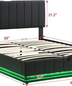 Queen Size Platform Bed with LED Lights and Storage Hydraulic Frame 2