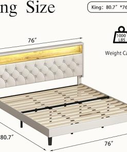 King Bed Frame with LED Lights and Storage Headboard, White Velvet 2
