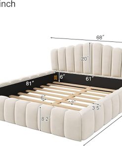 Queen Velvet Platform Bed Frame with Headboard Easy Assembly Beige 2
