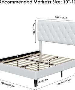 Modern Upholstered Queen Bed Frame with Tufted Headboard in White 2