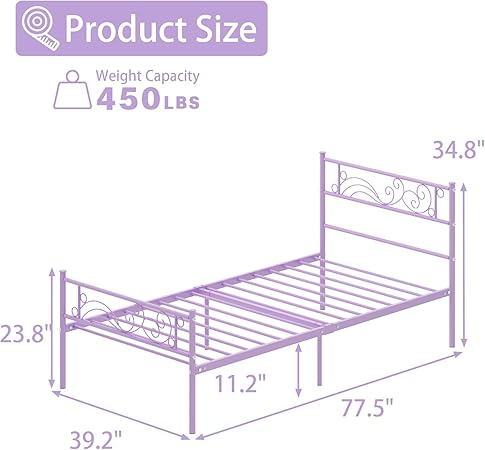 Weehom Twin Bed Frame with Headboard Heavy Duty Metal Platform Purple 2 Weehom Twin Bed Frame with Headboard Heavy Duty Metal Platform Purple - Image 2
