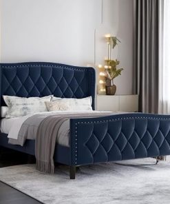 Full Platform Bed Frame with Wingback Headboard Velvet Upholstery