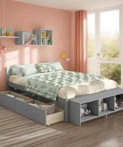 Solid Wood Full Size Bed with Storage and 2 Drawers in Grey