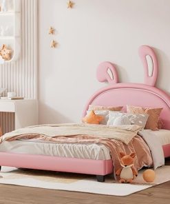 Full Size Upholstered Pink Leather Bed Frame with Bunny Ears