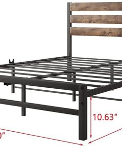 Vintage Queen Bed Frame with Wood Headboard and Metal Slats Support 2
