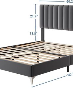 Queen Size Velvet Bed Frame with Adjustable Headboard, Grey 2