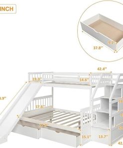 Twin Over Full Bunk Bed with Slides Solid Wood Frame Storage White 2