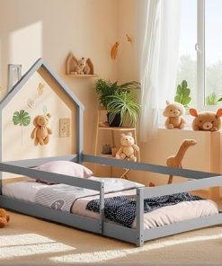 Montessori Twin Size Wood Bed Frame with House-Shaped Headboard Grey